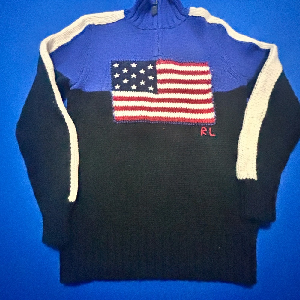 Polo by Ralph Lauren Navy, Royal Blue & Cream American Flag Turtleneck Sweater